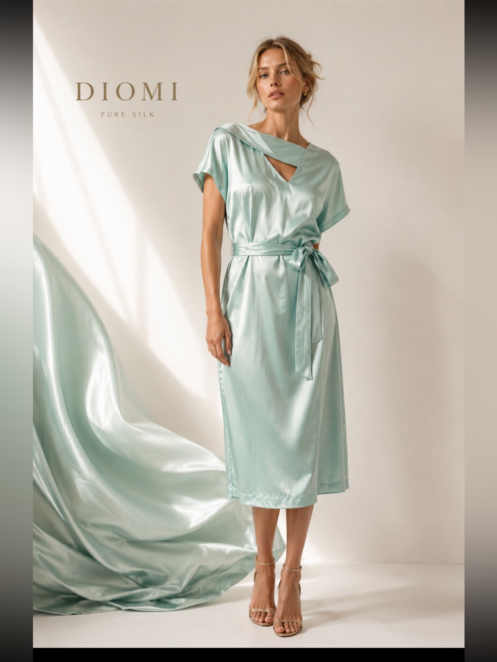 Diomi Silk Mint Green Midi Dress With Pleated Trim And Self-Tie Waist